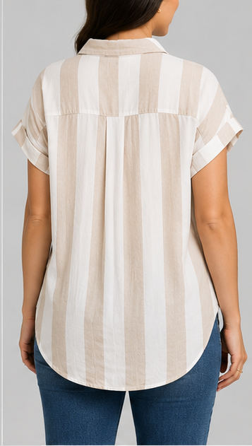 Blusa Camisera de Rayas Beige y Blanco