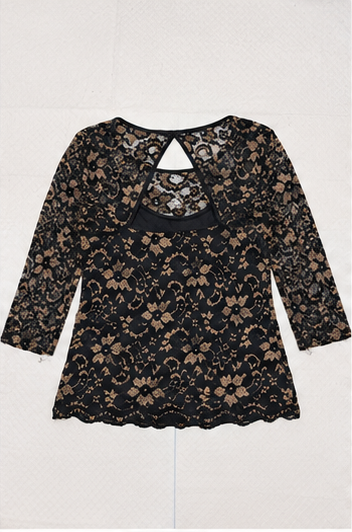 Blusa Negra de Encaje Floral Manga 3/4