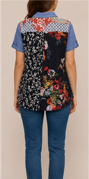 Blusa Camisera Patchwork Floral de Manga Corta
