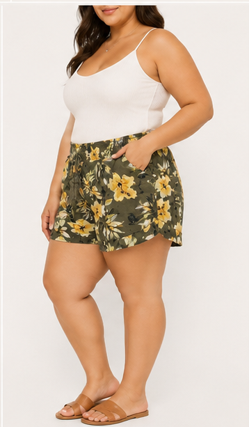 Short Floral Verde Olivo para Mujer