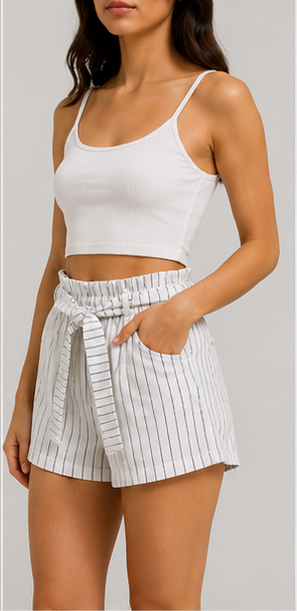 Short Blanco de Rayas con Cintura Elástica y Lazo para Mujer