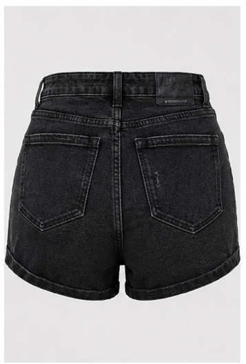 Short de Mezclilla Negro de Tiro Alto con Dobladillo Doblado