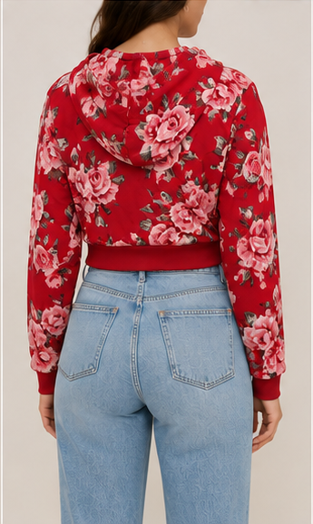 Suéter tipo hoodie corto con estampado floral