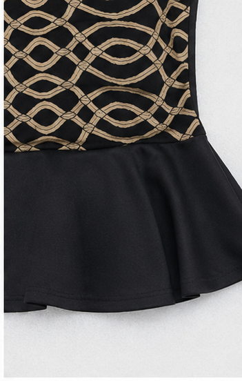 Blusa Negra sin Mangas con Estampado Geométrico y Peplum