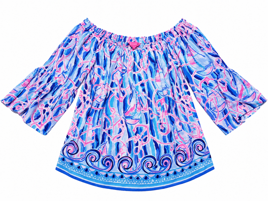 Blusa estampada de hombros descubiertos con mangas acampanadas – Multicolor