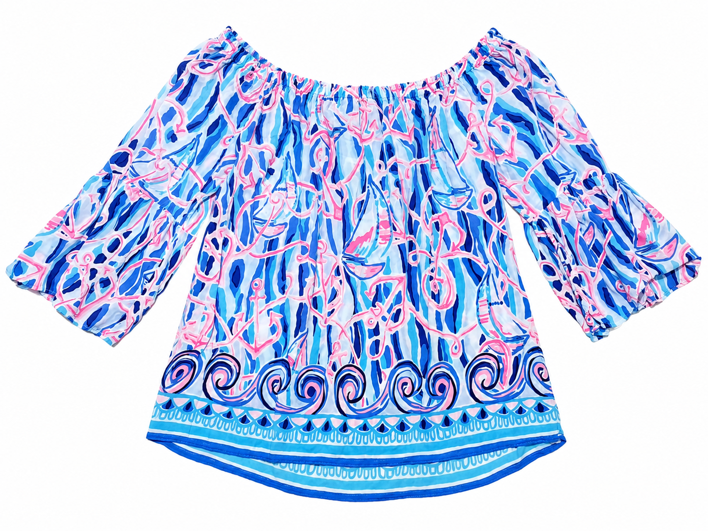 Blusa estampada de hombros descubiertos con mangas acampanadas – Multicolor