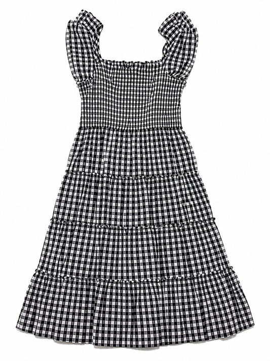 Vestido Midi Cuadros Vichy con Cuerpo Fruncido