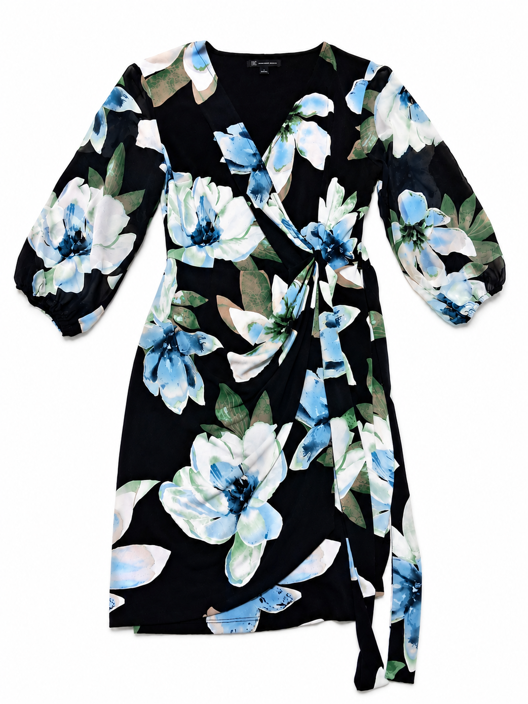 Vestido cruzado estampado floral – Negro con flores en tonos azul y blanco