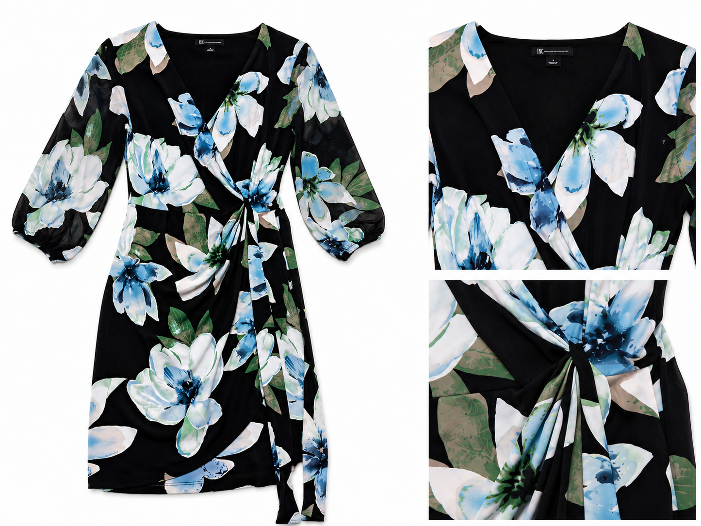 Vestido cruzado estampado floral – Negro con flores en tonos azul y blanco