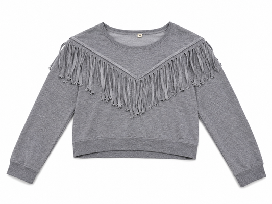 Sudadera corta con flecos decorativos – Gris jaspe