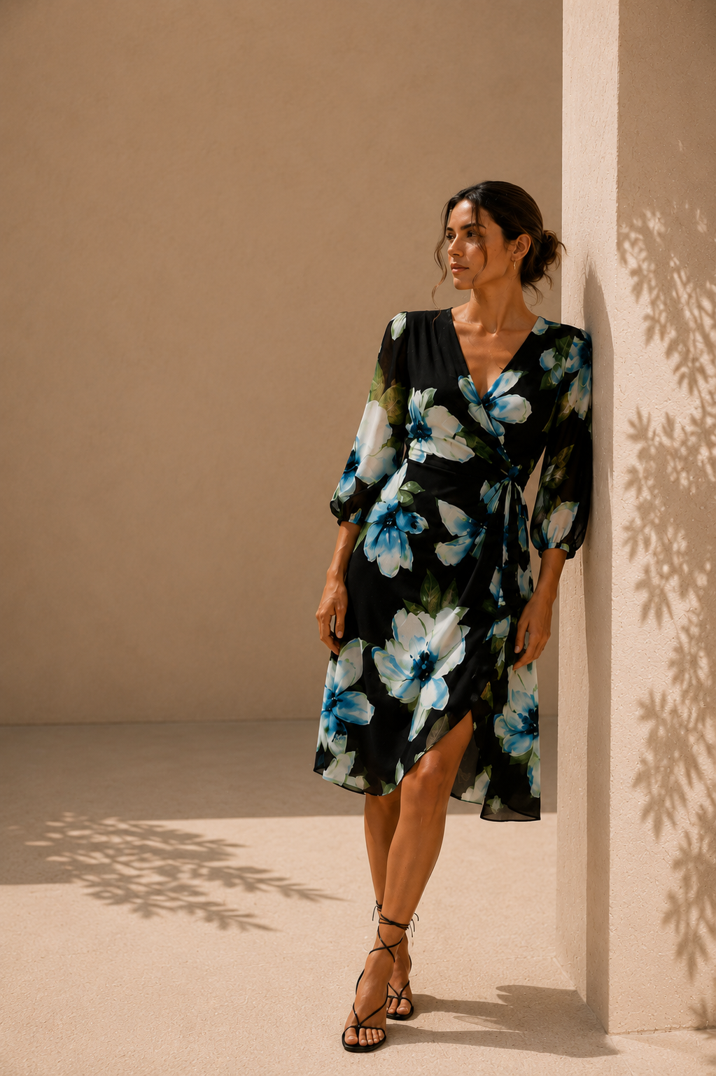 Vestido cruzado estampado floral – Negro con flores en tonos azul y blanco