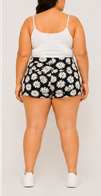 Short Negro con Estampado de Margaritas para Mujer