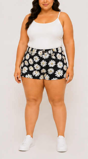 Short Negro con Estampado de Margaritas para Mujer