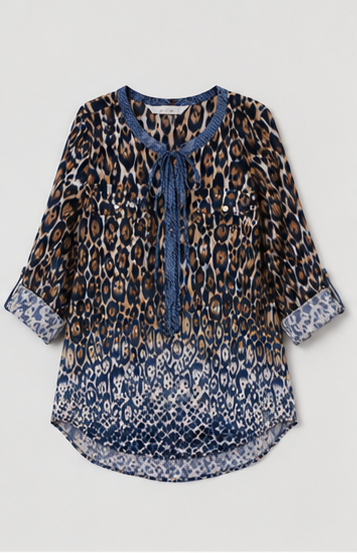 Blusa Estampada Animal Print con Detalles Azules