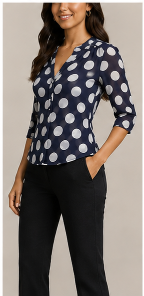Blusa Azul Marino de Lunares con Escote en V