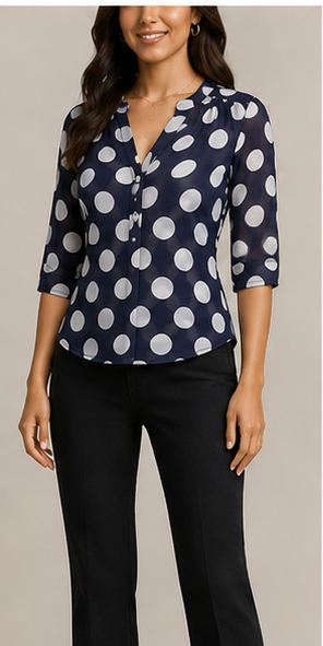 Blusa Azul Marino de Lunares con Escote en V