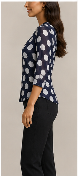 Blusa Azul Marino de Lunares con Escote en V