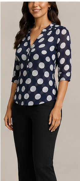 Blusa Azul Marino de Lunares con Escote en V