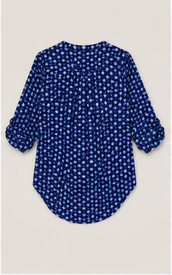 Blusa Azul Marino con Estampado Floral y Escote en V