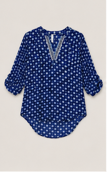 Blusa Azul Marino con Estampado Floral y Escote en V