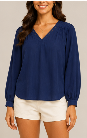 Blusa Azul Marino con Escote en V y Detalles