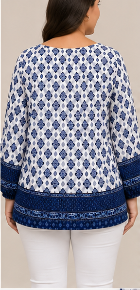 Blusa Estampada en Azul y Blanco de Manga Larga