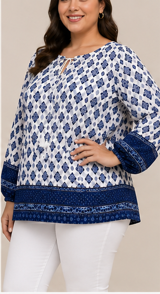 Blusa Estampada en Azul y Blanco de Manga Larga