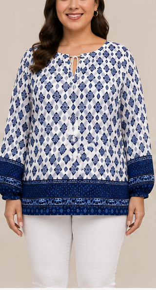 Blusa Estampada en Azul y Blanco de Manga Larga