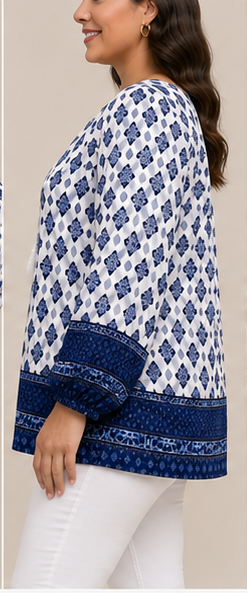 Blusa Estampada en Azul y Blanco de Manga Larga