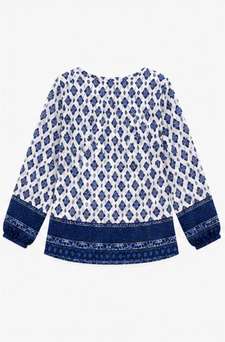Blusa Estampada en Azul y Blanco de Manga Larga