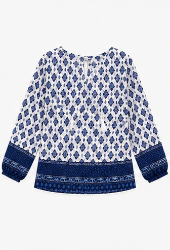 Blusa Estampada en Azul y Blanco de Manga Larga