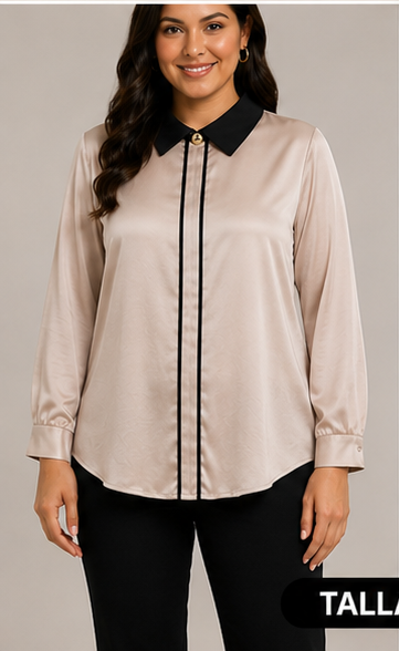 Blusa satinada con cuello de contraste