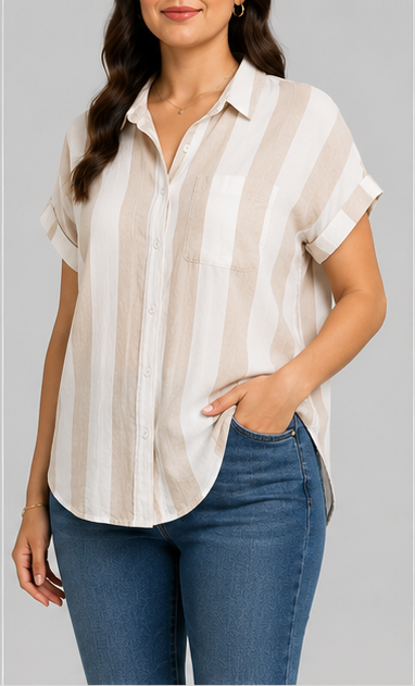 Blusa Camisera de Rayas Beige y Blanco