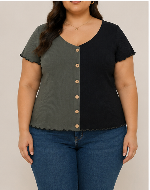 Blusa Bicolor de Punto Acanalado para Mujer