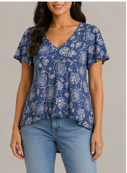 Blusa Estampada de Manga Corta con Escote en V