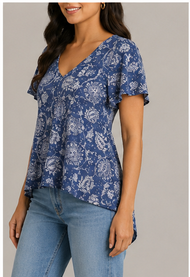 Blusa Estampada de Manga Corta con Escote en V