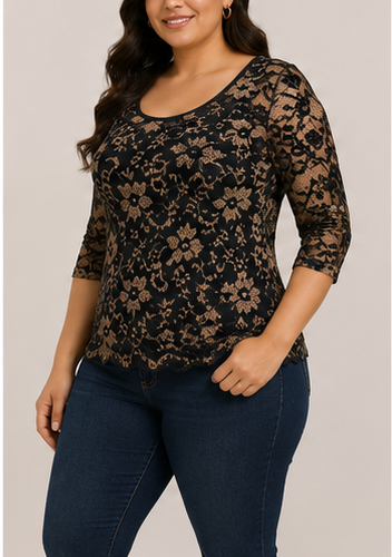 Blusa Negra de Encaje Floral Manga 3/4