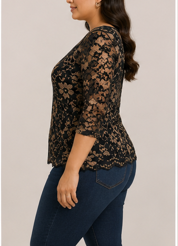 Blusa Negra de Encaje Floral Manga 3/4