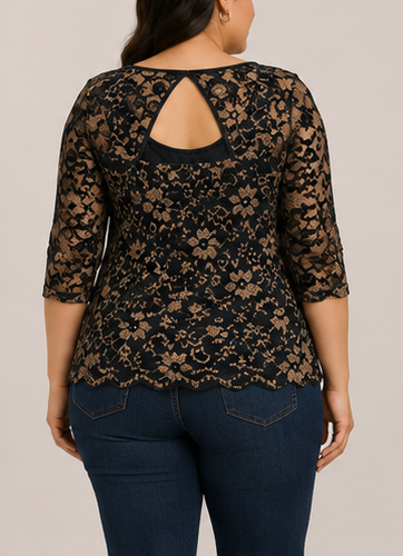 Blusa Negra de Encaje Floral Manga 3/4
