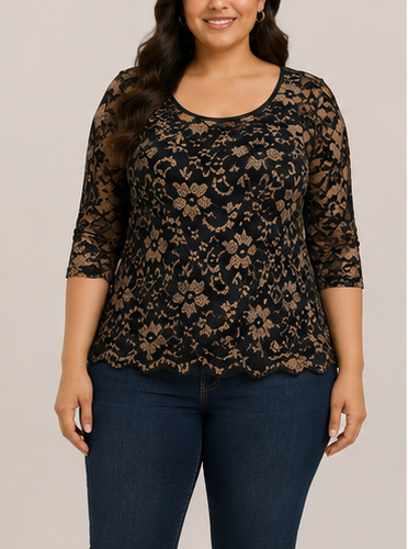 Blusa Negra de Encaje Floral Manga 3/4