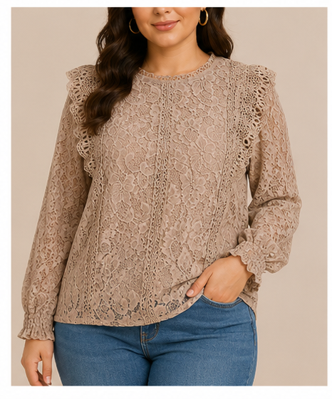 Blusa de Encaje Floral con Volantes para Mujer