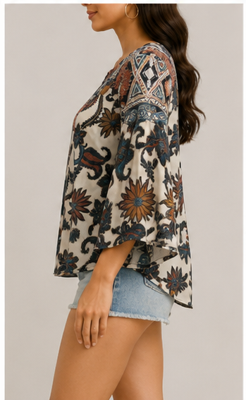 Blusa Estampada Boho de Manga 3/4