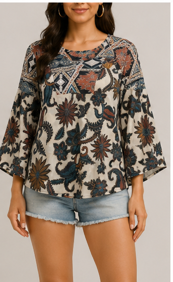 Blusa Estampada Boho de Manga 3/4