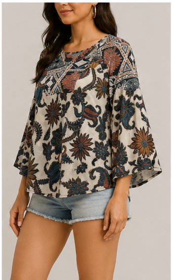 Blusa Estampada Boho de Manga 3/4