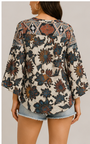 Blusa Estampada Boho de Manga 3/4