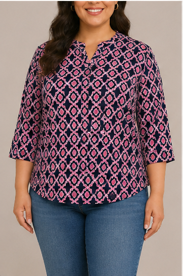 Blusa Estampada de Manga 3/4 Plus Size