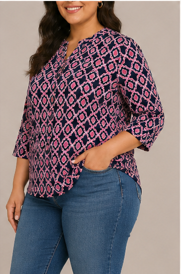 Blusa Estampada de Manga 3/4 Plus Size