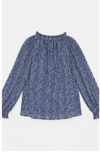 Blusa Azul Estampada con Escote de Lazo