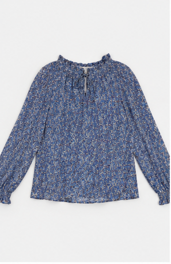 Blusa Azul Estampada con Escote de Lazo