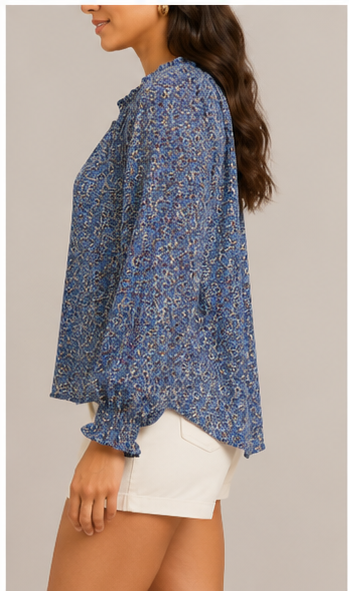 Blusa Azul Estampada con Escote de Lazo